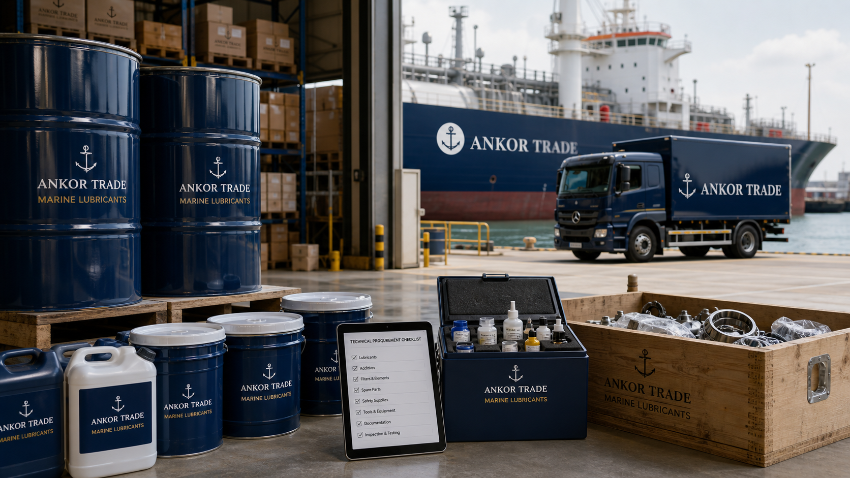 Illustrative marine lubricants and technical consumables supply set