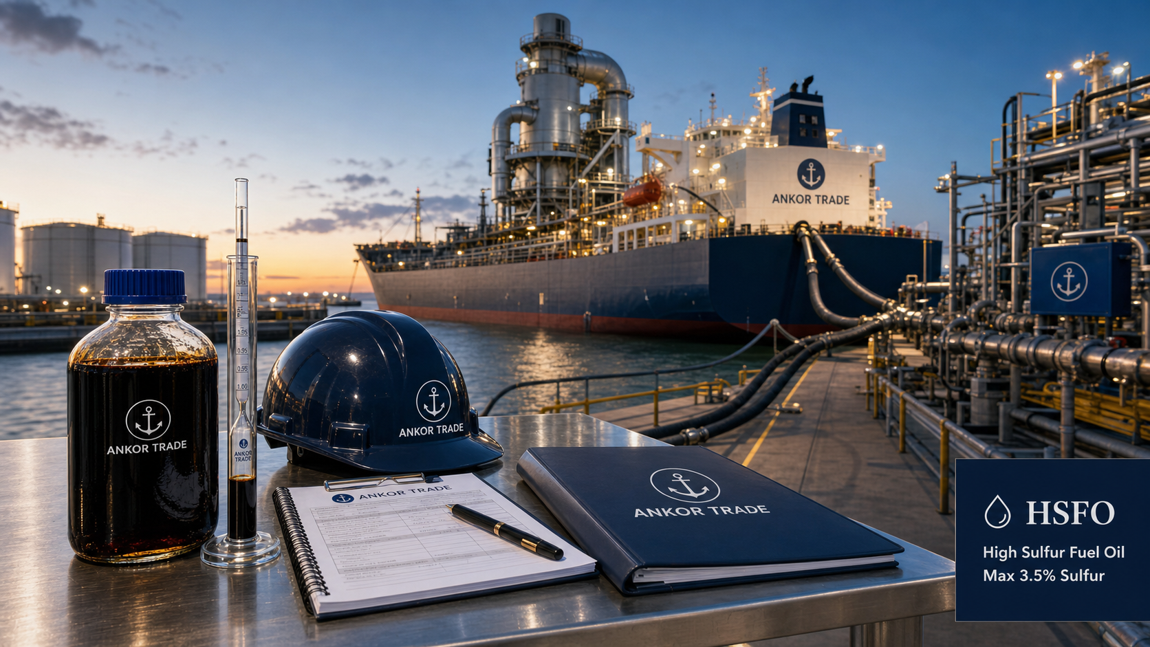 Illustrative HSFO 3.5% marine bunker fuel sample beside a scrubber-equipped vessel and bunker terminal