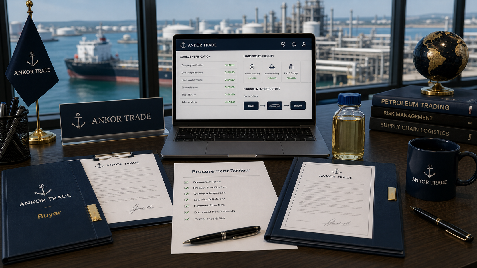 Illustrative back-to-back procurement desk with contracts and cargo files
