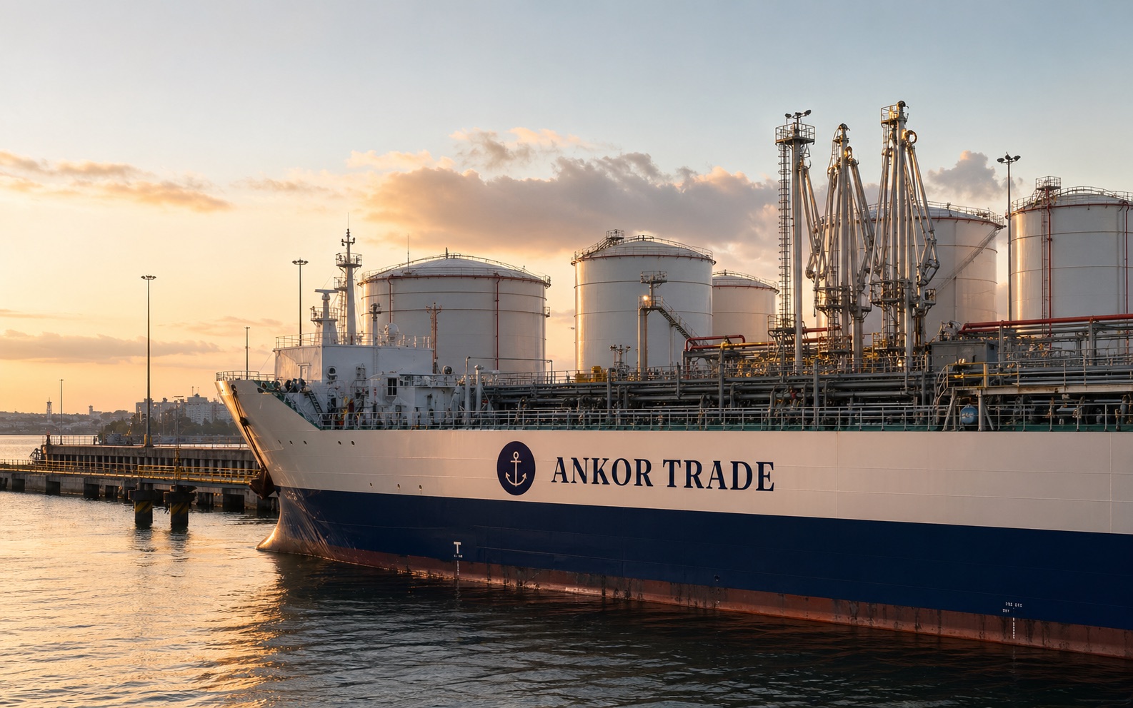 Illustrative petroleum tanker at a fuel terminal